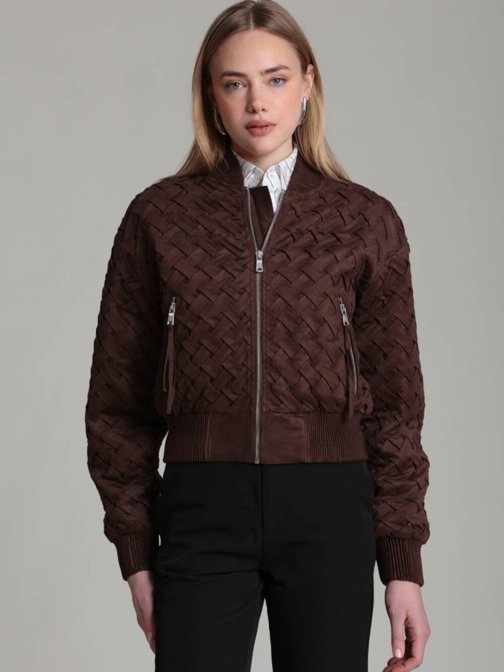 Avec Les Filles Faux Suede Woven Bomber Jacket Size XS S M L